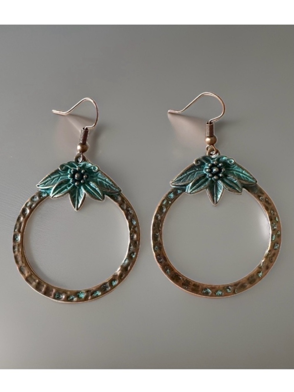 Vintage Style Large Round Dangle Hoop Earrings Bronze & Turquoise Tone
